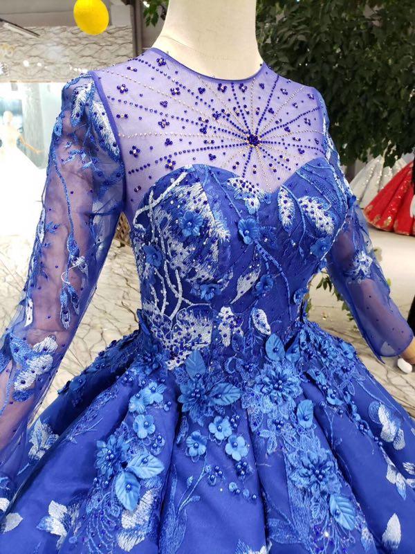 Royal Blue Long Sleeves Lace Prom Dresses,Ball Gown Quinceanera Dresses DMK6
