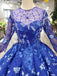 Royal Blue Long Sleeves Lace Prom Dresses,Ball Gown Quinceanera Dresses DMK6