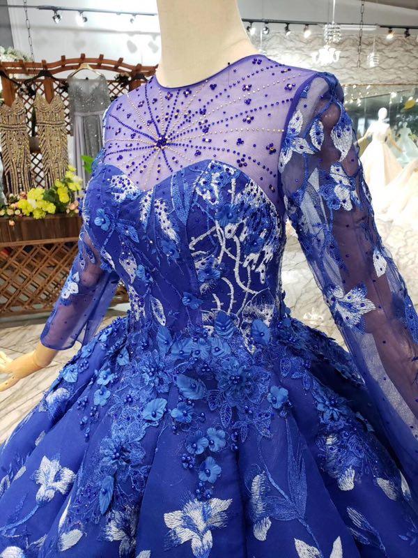 Royal Blue Long Sleeves Lace Prom Dresses,Ball Gown Quinceanera Dresses DMK6