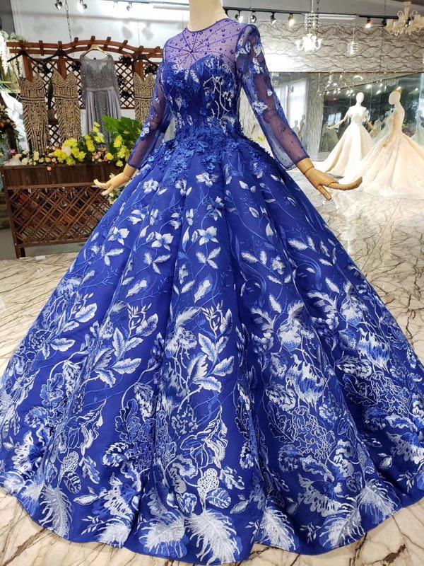Royal Blue Long Sleeves Lace Prom Dresses,Ball Gown Quinceanera Dresses DMK6