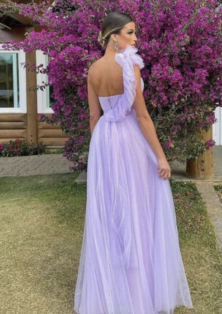 A-line Tulle Purple Long Prom Dress , Unique Formal Party Dress DMP232