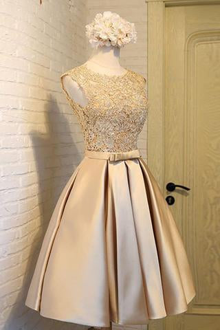 Light Gold Satins Lace Round Neck Homecoming Dress With Bownot DM342