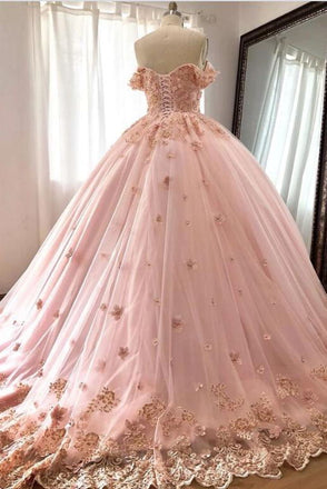 Pink Quince Dresses Ball Gowns Off the Shoulder Lace Applliques Wedding Dresses DMP078