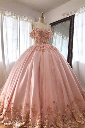 Pink Quince Dresses Ball Gowns Off the Shoulder Lace Applliques Wedding Dresses DMP078