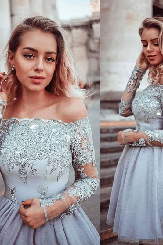 Gray Lace Appliques Tulle Short Prom Dress, Long Sleeves Homecoming Dress DMP55