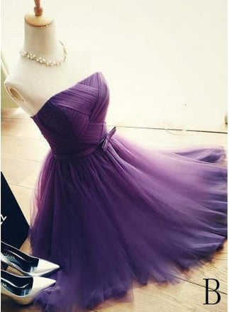 Elegant A-Line Strapless Purple Tulle Short Homecoming Dress with Bowknot DM327