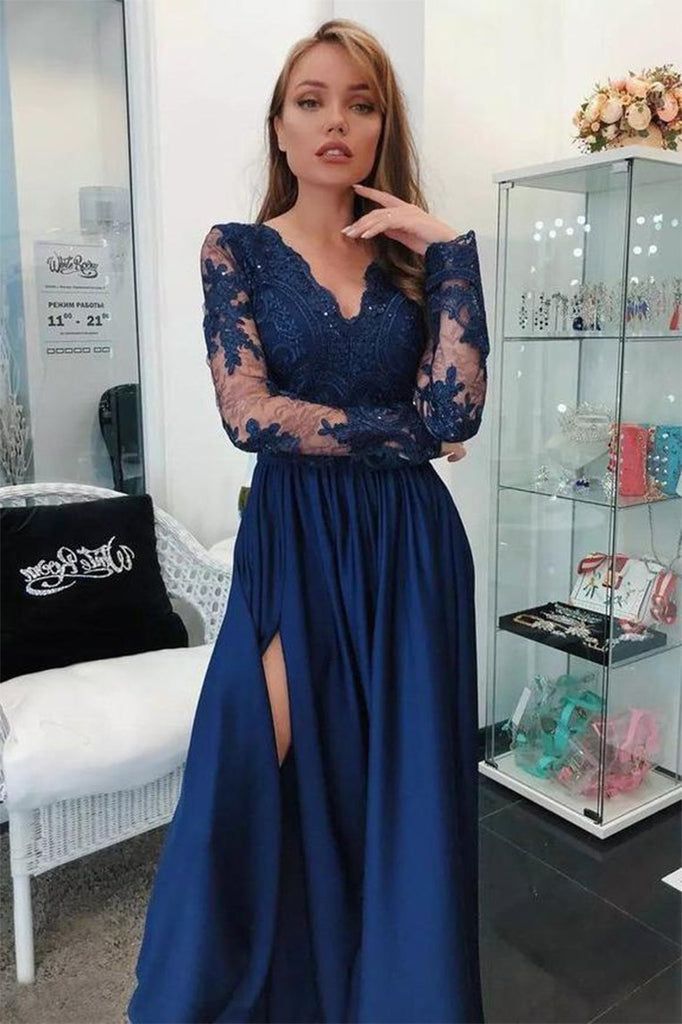 A Line Long Sleeves V Neck Dark Blue Prom Dresses With Appliques DMI67