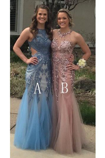 Charming Mermaid Long Tulle Sequin Appliques Prom Dresses DMD86