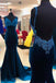 Blue Velvet Lace Long Mermaid Prom Dresses Backless Spaghetti Straps Formal Gown DMP080