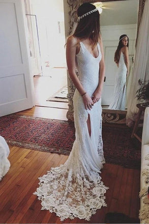 Romantic Boho Backless Lace Mermaid Long Wedding Dress DMC81
