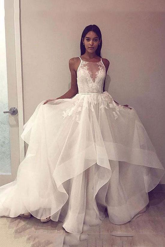A Line Tulle Appliques Long Prom Dress Open Back Cheap Wedding Dress DMH86