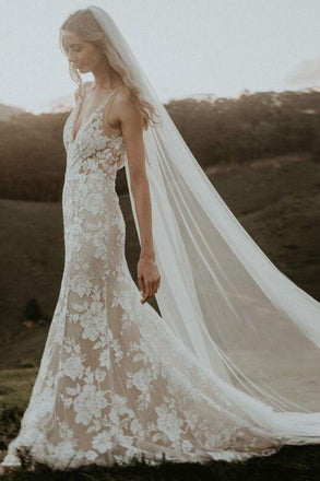 Rustic Floral Lace Mermaid Wedding Dress Sheath Deep V-Neck Bridal Gown DMW22