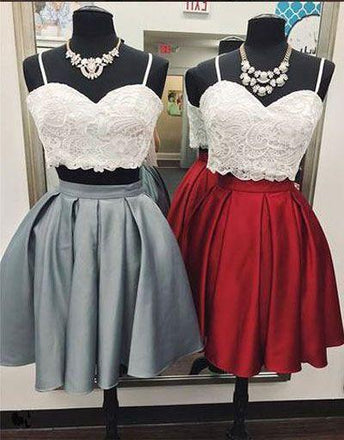 Sexy Two Piece Gray Burgundy Short Homecoming Dresses With Lace Top DMO77