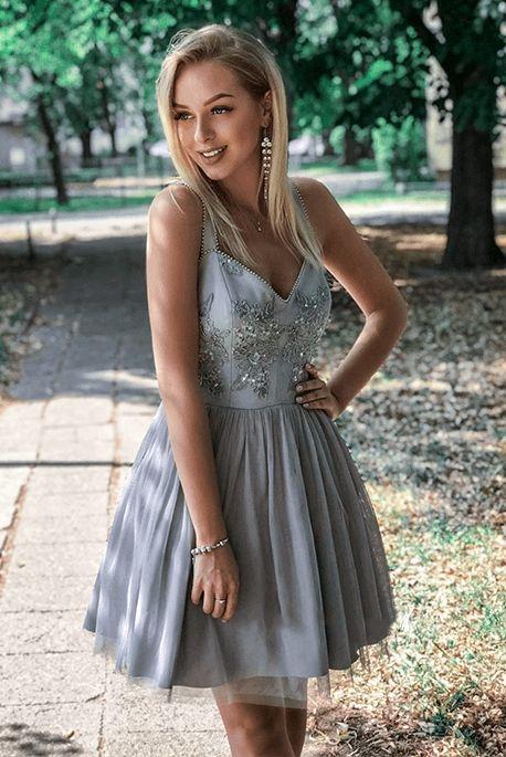 A-Line Straps Above-Knee Gray Homecoming Dress with Appliques DMN98