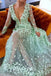 Mint Green Lace Appliqué Prom Dress, Long Sleeve Deep V Neck Flowers Prom Gown DMP163