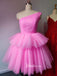 One Shoulder Blush Pink Homecoming Dress A Line Pleated Tulle Tutu Dress DMHD38