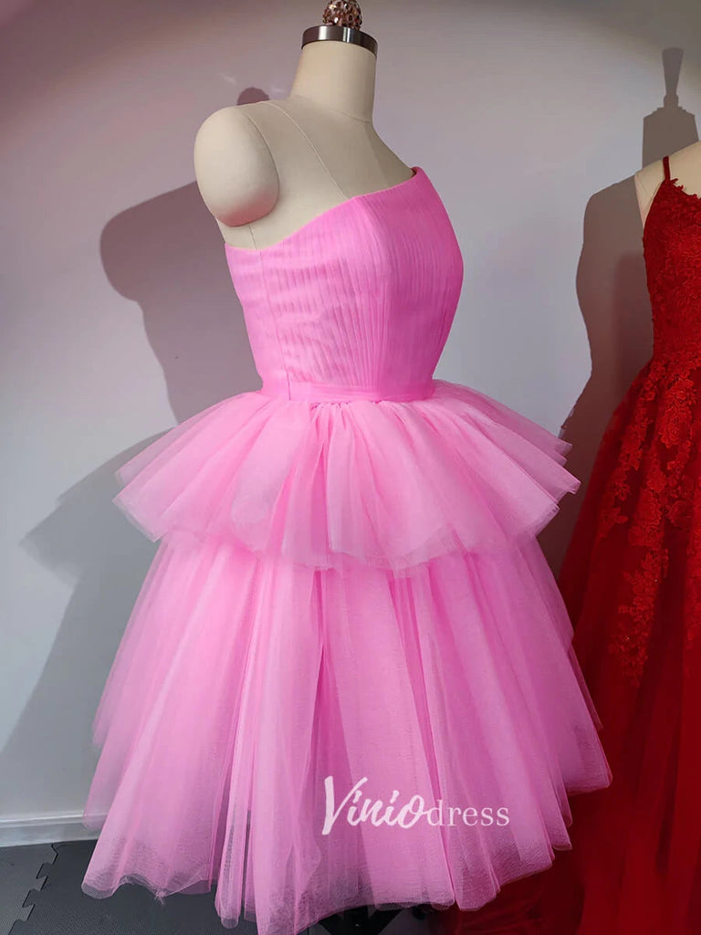 One Shoulder Blush Pink Homecoming Dress A Line Pleated Tulle Tutu Dress DMHD38