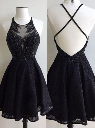 Fashion A-Line Round Neck Black Backless Lace Beaded Short Homecoming/Prom Dress DM309