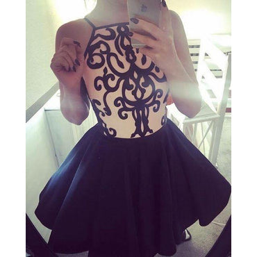 Stylish A-Line Halter Black Satin Short Homecoming Dresses,Graduation Dresses DM459