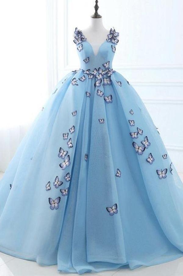 sky blue dress prom Ball Gown Long Sky Blue Butterfly V Neck Prom Dress,Quinceanera Dresses OKE79 – Demodresses
