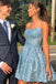 Blue Lace Spaghetti Straps A Line Prom Dresses, Short Homecoming Dresses DM1014