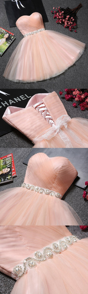 Sweetheart Blush Pink Tulle A Line Beading Short Homecoming/Prom Dresses,Sweet 16 Dresses DM310