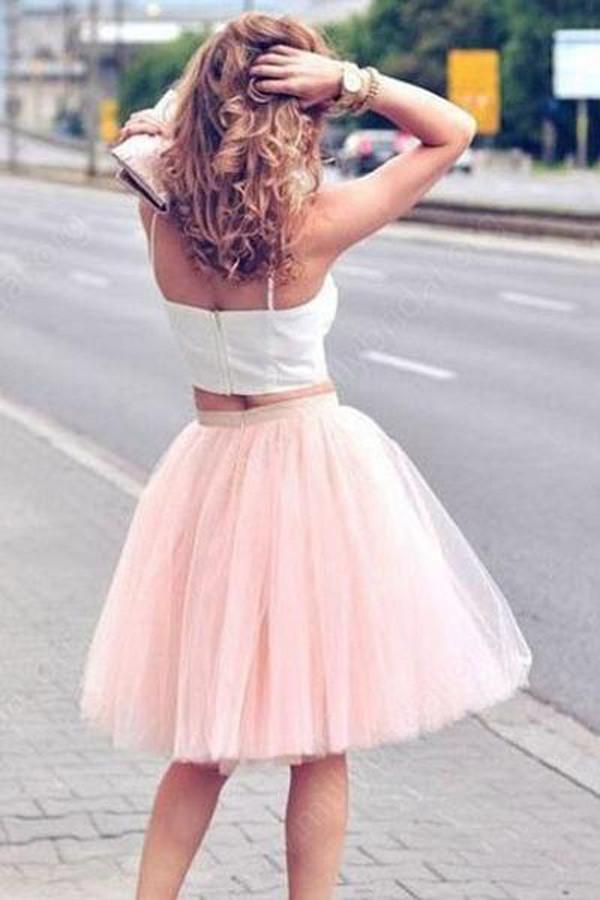 Two Piece Pink Spaghetti-Strap Tulle Sleeveless White Top Homecoming Dresses DM294