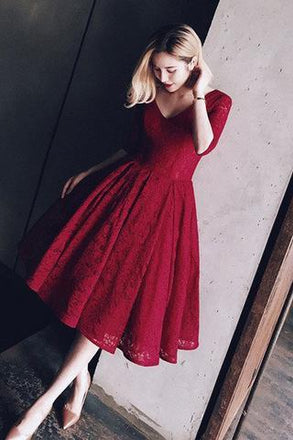 Half Sleeves Burgundy Lace V Neck Short Homecoming Dresses,Elegant Prom Dress DM297