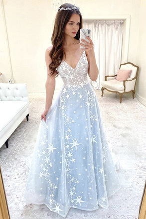 Shiny Stars A-line V Neck Light Blue Evening Dress Long Prom Dresses With Straps DMP087