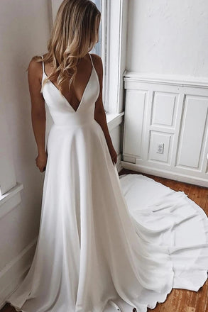 Off White Chiffon A-line V-neck Spaghetti Straps Chapel Train Wedding Dress DMW7