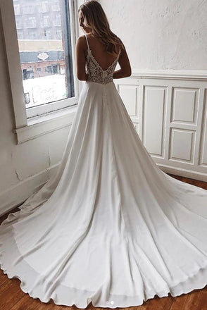 Off White Chiffon A-line V-neck Spaghetti Straps Chapel Train Wedding Dress DMW7