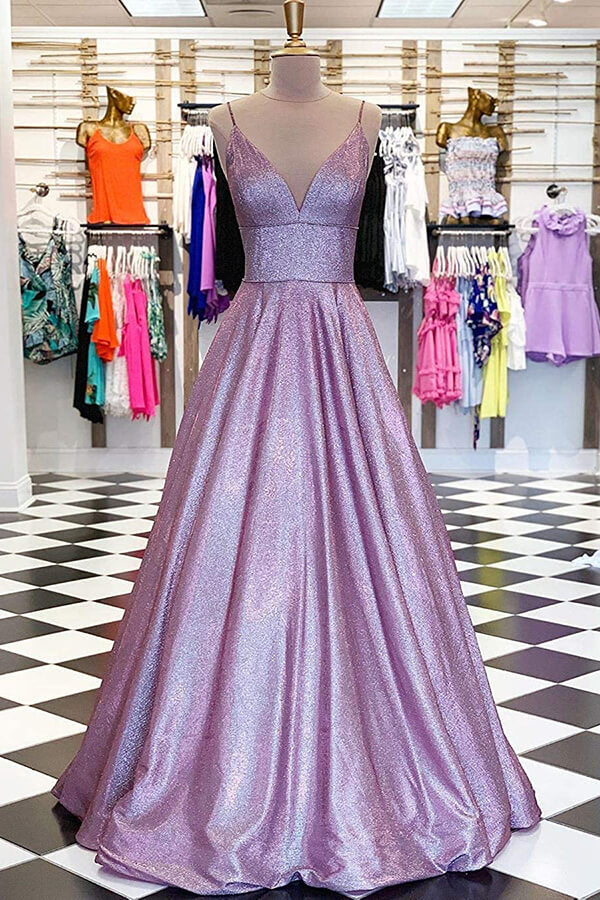 Lavender Sparkly A Line V-neck Long Prom Dresses with Pockets DM1059