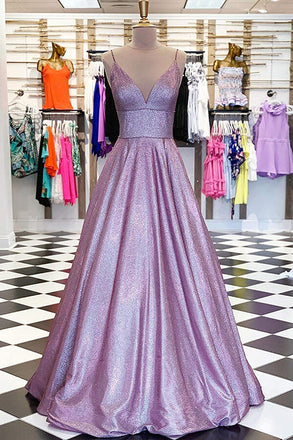 Lavender Sparkly A Line V-neck Long Prom Dresses with Pockets DM1059