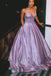 Lavender Sparkly A Line V-neck Long Prom Dresses with Pockets DM1059