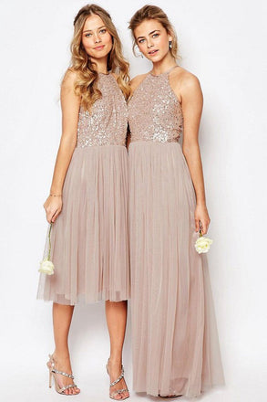 Gorgeous Sequins Top Halter Romantic A Line Short Long Bridesmaid Dresses DMD60