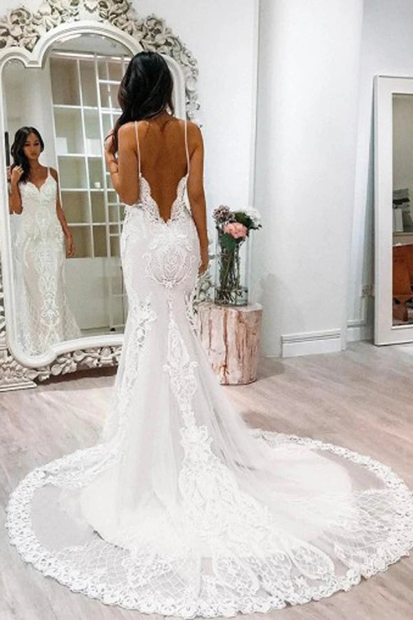 Elegant White Lace Tulle Mermaid Backless Spaghetti Straps Court Train Wedding Dress with Appliques DMW12