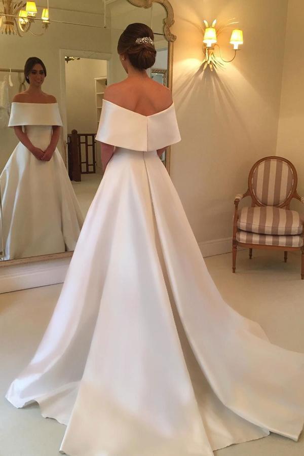 Simple Satin A Line Off the Shoulder Cheap Bridal Gown, Ivory Wedding Dresses DMC73