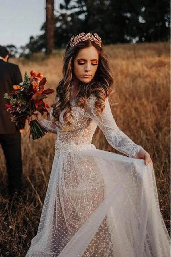 Gorgeous A Line Lace Boho Wedding Dresses, Bridal Dress with Long Sleeves DMW11