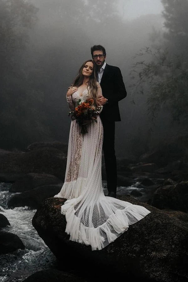 Gorgeous A Line Lace Boho Wedding Dresses, Bridal Dress with Long Sleeves DMW11