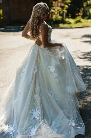 Gorgeous Tulle A-line Backless Boho Floral Appliques Beach Wedding Dresses DMW7