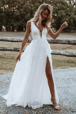 Boho Chiffon A-line V-neck Lace Spaghetti Straps Beach Wedding Dresses With Slit DMW10