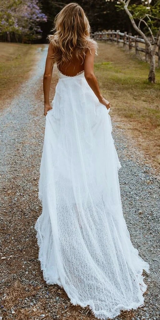 Boho Chiffon A-line V-neck Lace Spaghetti Straps Beach Wedding Dresses With Slit DMW10