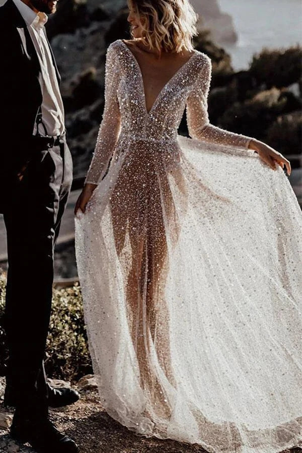 Sparkly A-line See Through Deep V Neck Long Sleeves Wedding Dresses DM Demodresses Sparkly A-line See Through Deep V Neck Long Sleeves Wedding Dresses DM Demodresses