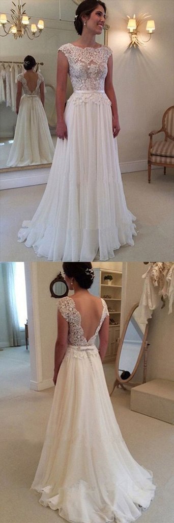 A-line Lace Cap Sleeves White Wedding Dress,Sexy Backless Cheap Long Bridal Dress DM391