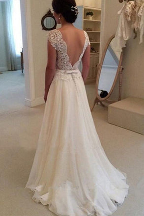 A-line Lace Cap Sleeves White Wedding Dress,Sexy Backless Cheap Long Bridal Dress DM391