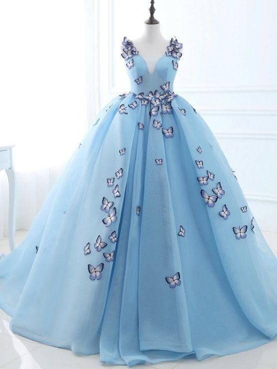 Ball Gown Long Sky Blue Butterfly V Neck Prom Dress,Quinceanera Dresses DME79