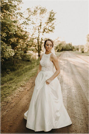 Satin A-line Lace Top Boho Wedding Dresses With Sweep Train, Bridal Gown DM1811