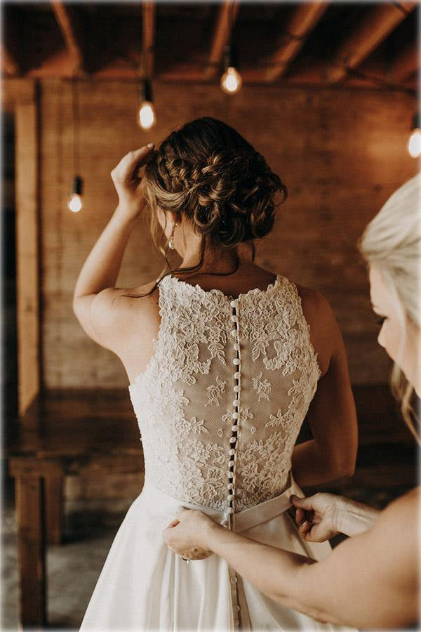 Satin A-line Lace Top Boho Wedding Dresses With Sweep Train, Bridal Go Demodresses Satin A-line Lace Top Boho Wedding Dresses With Sweep Train, Bridal Go Demodresses