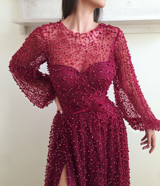 Cheap A Line Burgundy Long Sleeve Vintage Split Prom Dress DME95