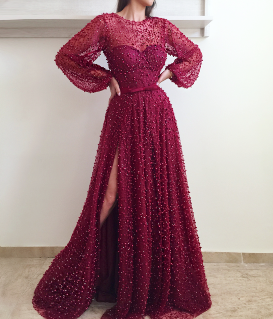 Cheap A Line Burgundy Long Sleeve Vintage Split Prom Dress DME95